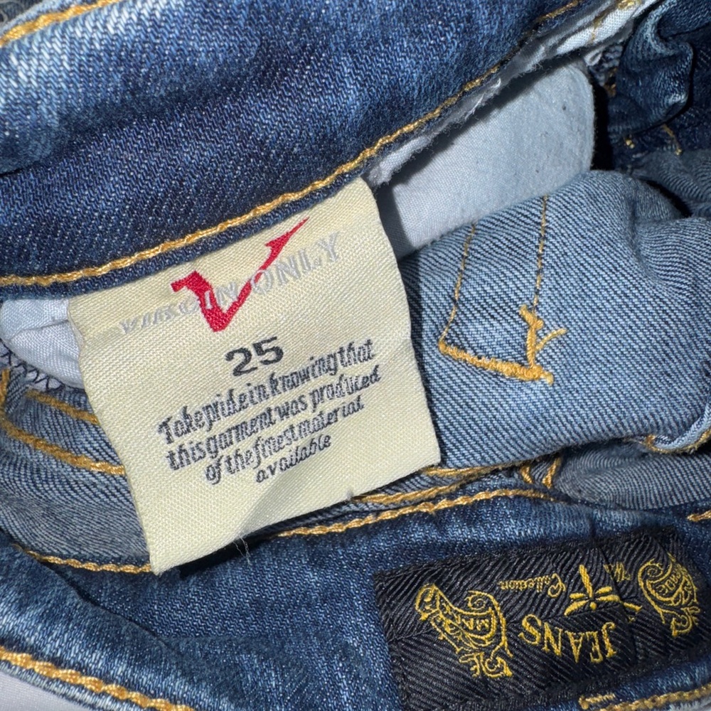 Virgin Only Y2K Low Rise Bootcut Flare Distressed Rhinestone Jeans Sz 25 - Picture 5 of 9